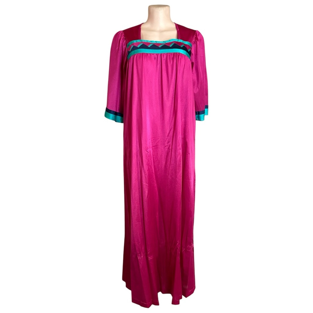 Vtg Henson Kickernick Satin Nightgown Pink Teal Maxi Lounge Dress M Nylon